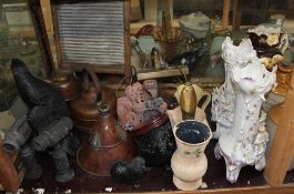 A pair of continental vases, together with advertising jugs, brass wares, easel, wash dolly,