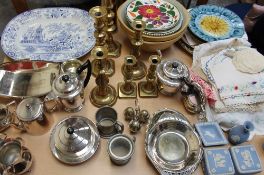 A Colandine pattern meat plate, wedgwood epns, brass candlesticks,