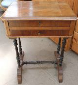 A Victorian walnut work table with a rectangular top above two drawers and turned legs