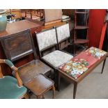 A teak duet stool together with a pair of oak dining chairs, a 19th century oak dining chair,