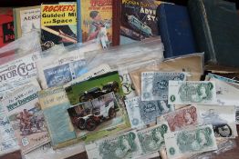 A J S Fforde five Pounds note, together with other bank notes, motorcycling magazines, postcards,