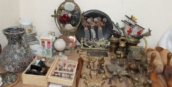 A Japanese part tea service together with a microscope, brass dressing table mirror,