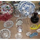 Assorted crystal animalia paper weights, other glasswares,