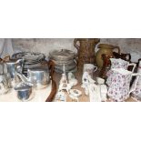 Copper lustre jugs together with graduated pottery jugs, crested wares, Picquot ware part tea set,