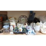 A Victorian pottery teapot and hot water jug together with assorted teapots and jugs,