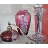 A Royal Brierley glass vase and scent bottle together with a glass candlestick