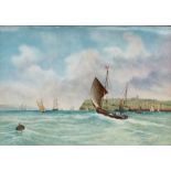 A Francis Clark porcelain plaque of rectangular form painted with ships at sea off a headland,