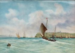 A Francis Clark porcelain plaque of rectangular form painted with ships at sea off a headland,