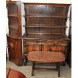 A 20th century oak dresser together with a corner cupboard and a copper topped coffee table