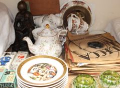 A bronzed figure group together with part tea sets, collectors plates, records, boxed soaps,