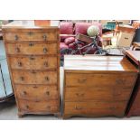 A reproduction walnut chest with six graduated drawers on bracket feet together with another chest