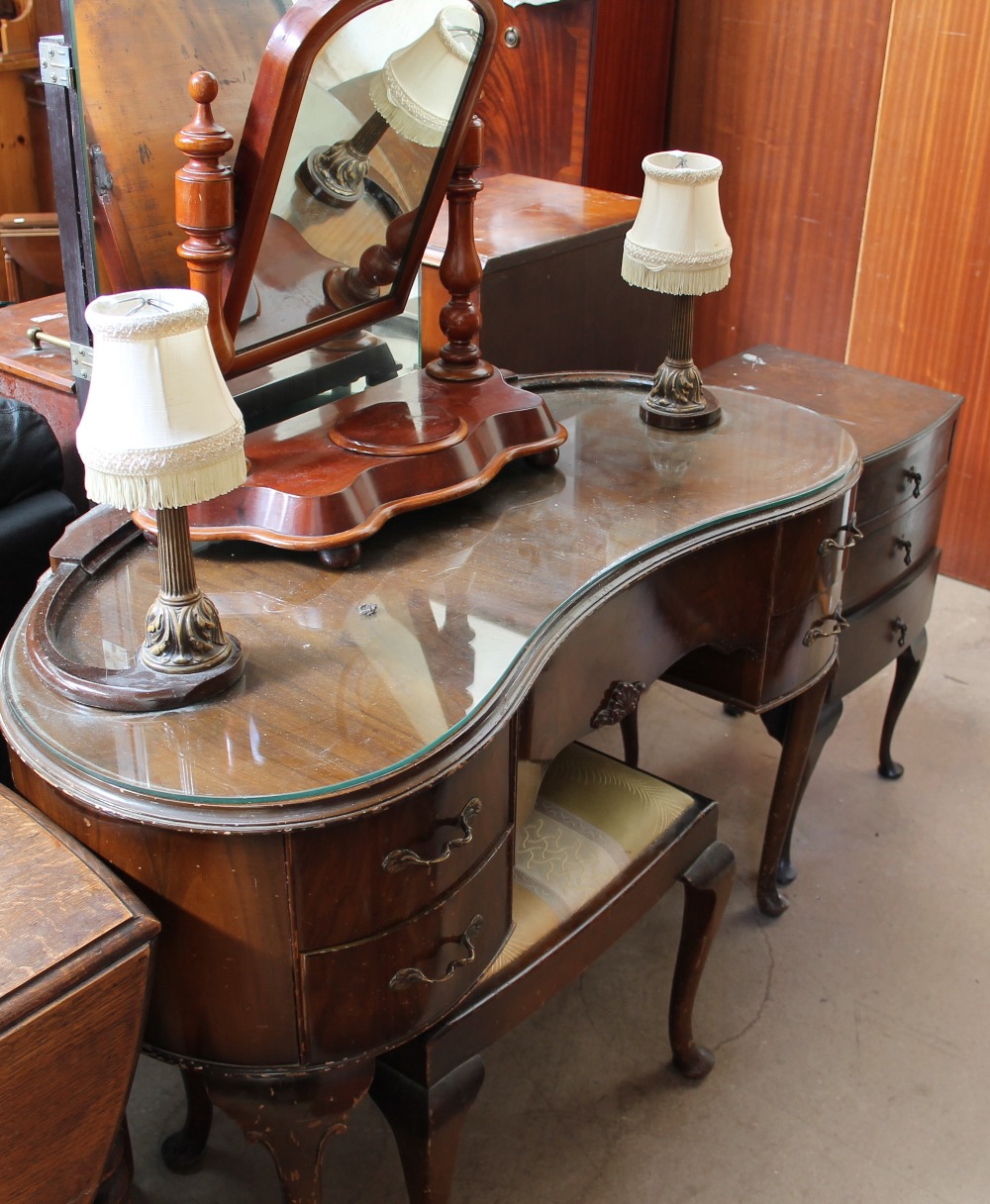 A 20th century walnut bedroom suite comprising two wardrobes and a dressing table together with a - Image 2 of 4