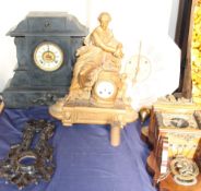 A black slate mantle clock of architectural form, together with a spelter mantle clock,