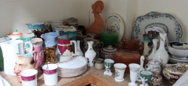 A collection of pottery jugs, part coffee set, pottery duck, glass sundae dishes,