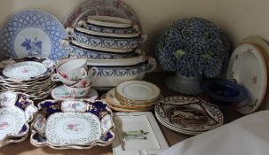 A George Jones and Sons part dessert set, blue and white open tureens,