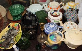 Assorted teapots, flatwares,