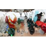 A Murano glass fish together with a large quantity of glasswares including decanters, vases, dishes,