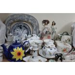 Blue and white pottery meat plates together with a Paragon part coffee set, part tea services,
