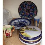 Three Dillwyn Flo blue plates together with a Noritake bowl and cover,