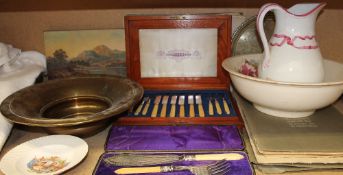 A Mappin and Webb cased fruit set together with cased fish servers, pottery jug and basin,