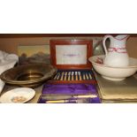 A Mappin and Webb cased fruit set together with cased fish servers, pottery jug and basin,