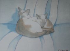 J Carter Siamese cats Watercolour on silk Together with a collection of paintings and prints of