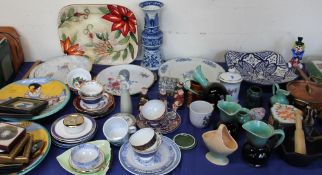Assorted collectors plates together with jugs, copper pans, Chinese blue and white vase,