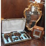 A Faux tortoiseshell cased dressing table set together with a gilt wall mirror and a walnut mantle