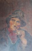 An oil painting depicting a man smoking a pipe together with a large quantity of paintings and