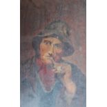 An oil painting depicting a man smoking a pipe together with a large quantity of paintings and