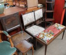 A teak duet stool together with a pair of oak dining chairs, a 19th century oak dining chair,