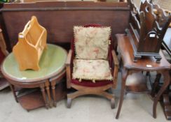 A 20th century mahogany circular nest of tables together with a magazine rack, upholstered chair,