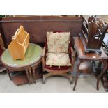 A 20th century mahogany circular nest of tables together with a magazine rack, upholstered chair,