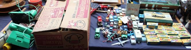 Assorted Matchbox cars, Dinky Toys and Corgi Cars together with building bricks,