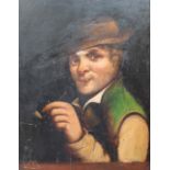 Attributed to Adrian Brauwer Head and shoulders portrait of a man smoking a pipe Oil on board label