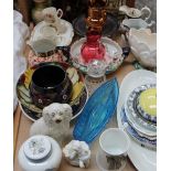 A Gaudy Welsh pottery jug together with other jugs, a Staffordshire dog, commemorative mugs,