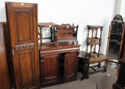 An oak wardrobe section together with a chiffonier base magazine rack, oak table/rack,