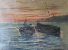 J Owen Fishermen at sea Oil on canvas Signed together with other oil paintings,