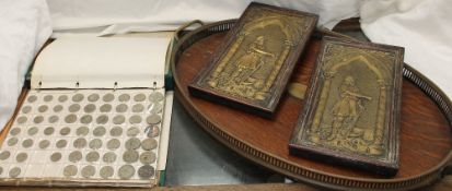 Cased coins together with a tray and brass plaque