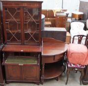 A reproduction mahogany secretaire bookcase together with a mahogany corner stand piano stool and