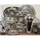 A four piece electroplated part tea service with electroplated trays,