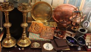 A pair of brass candlesticks together with a copper kettle on stand, copper bedwarming pan,