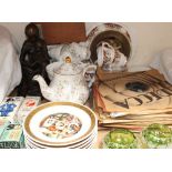 A bronzed figure group together with part tea sets, collectors plates, records, boxed soaps,