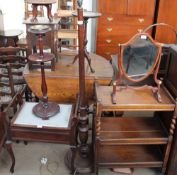 A piano stool together with an ashtray stand, an oak standard lamp,