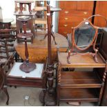 A piano stool together with an ashtray stand, an oak standard lamp,