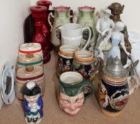 Three Wade liqueur barrels together with steins, glass candlesticks, figures, lamps,