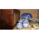 A tin trunk together with a Copeland Spode's Italian blue and white pottery part tea set together