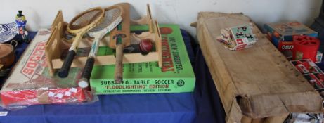 Chad Valley Soccer game together with The New Subbuteo Continental table soccer game, cricket bat,