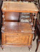 A Victorian burr walnut whatnot, with a three quarter gilt decorated gallery,