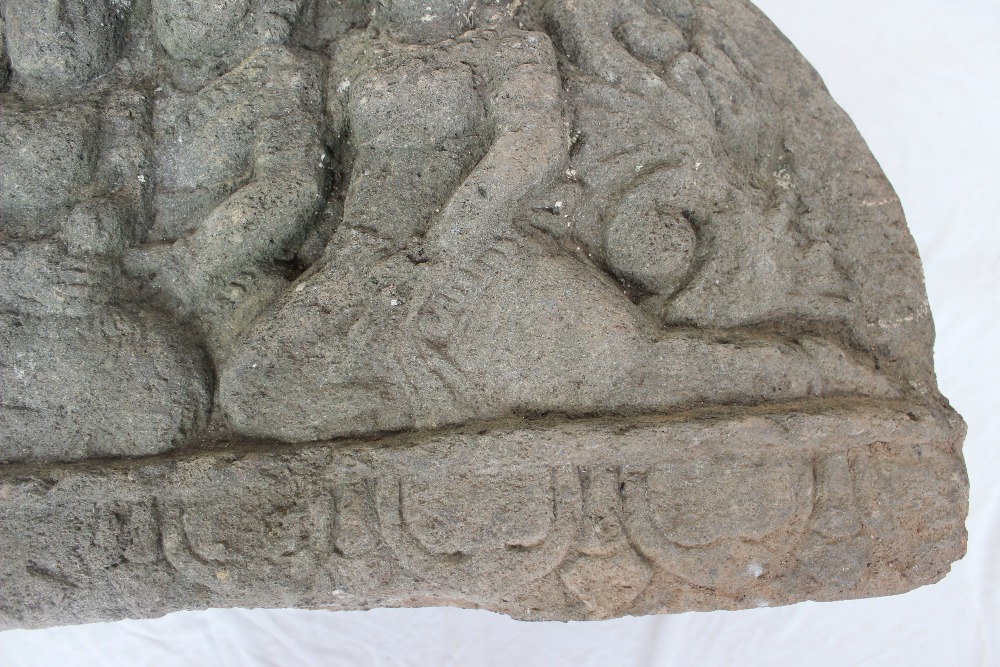 A carved reconstituted stone panel depicting Indian figures in a line on a lotus leaf carved base, - Image 4 of 5